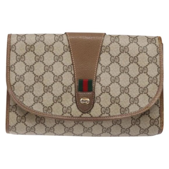 GUCCI GG Supreme Web Sherry Line Clutch Bag PVC Beige Gold - Picture 1 of 16